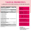 Vaginal probiotics supplement label with key features highlighted on a pink and white background.