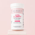 Supplement container labeled 'With Clarity' on a pink background