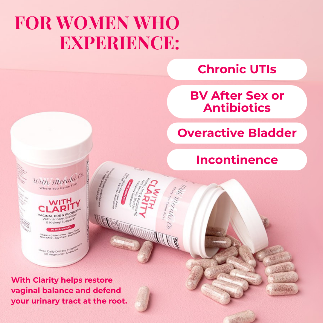 Supplement bottle labeled 'With Clarity' on a pink background with text about health conditions and benefits.