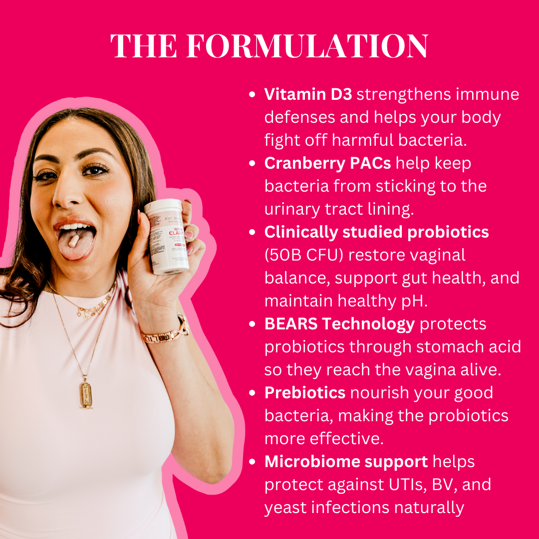 Woman holding a container with product features listed on a pink background
