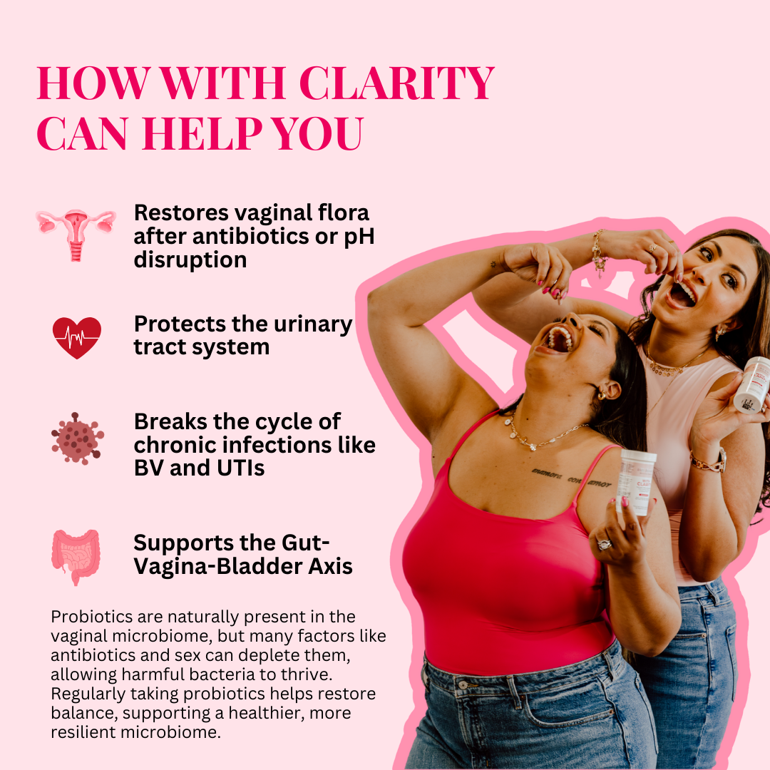 Two women holding probiotic products with text about its benefits on a pink background