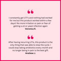 Product reviews for a UTI relief product on a pink background