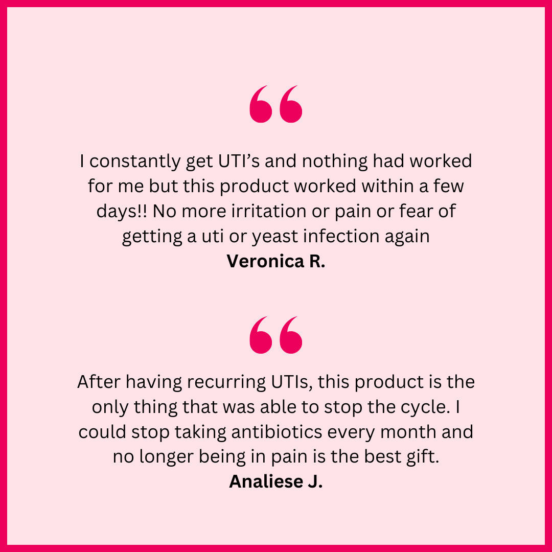 Product reviews for a UTI relief product on a pink background