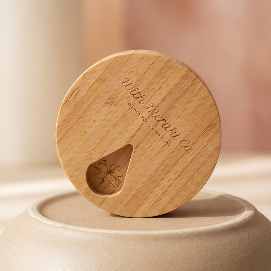 Bamboo lid with engraved text on a beige background
