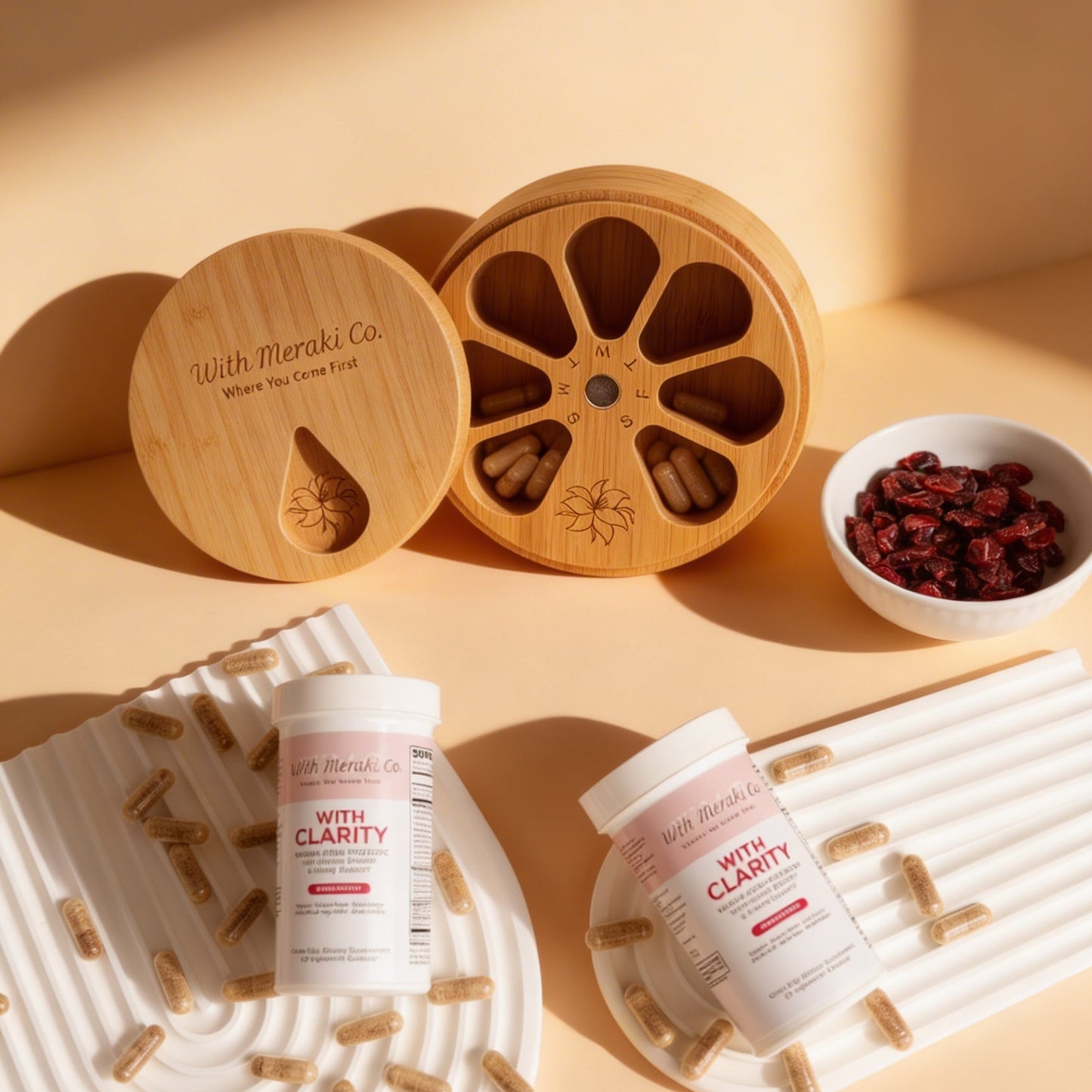 Supplement containers and wooden packaging on a beige surface with a bowl of berries.